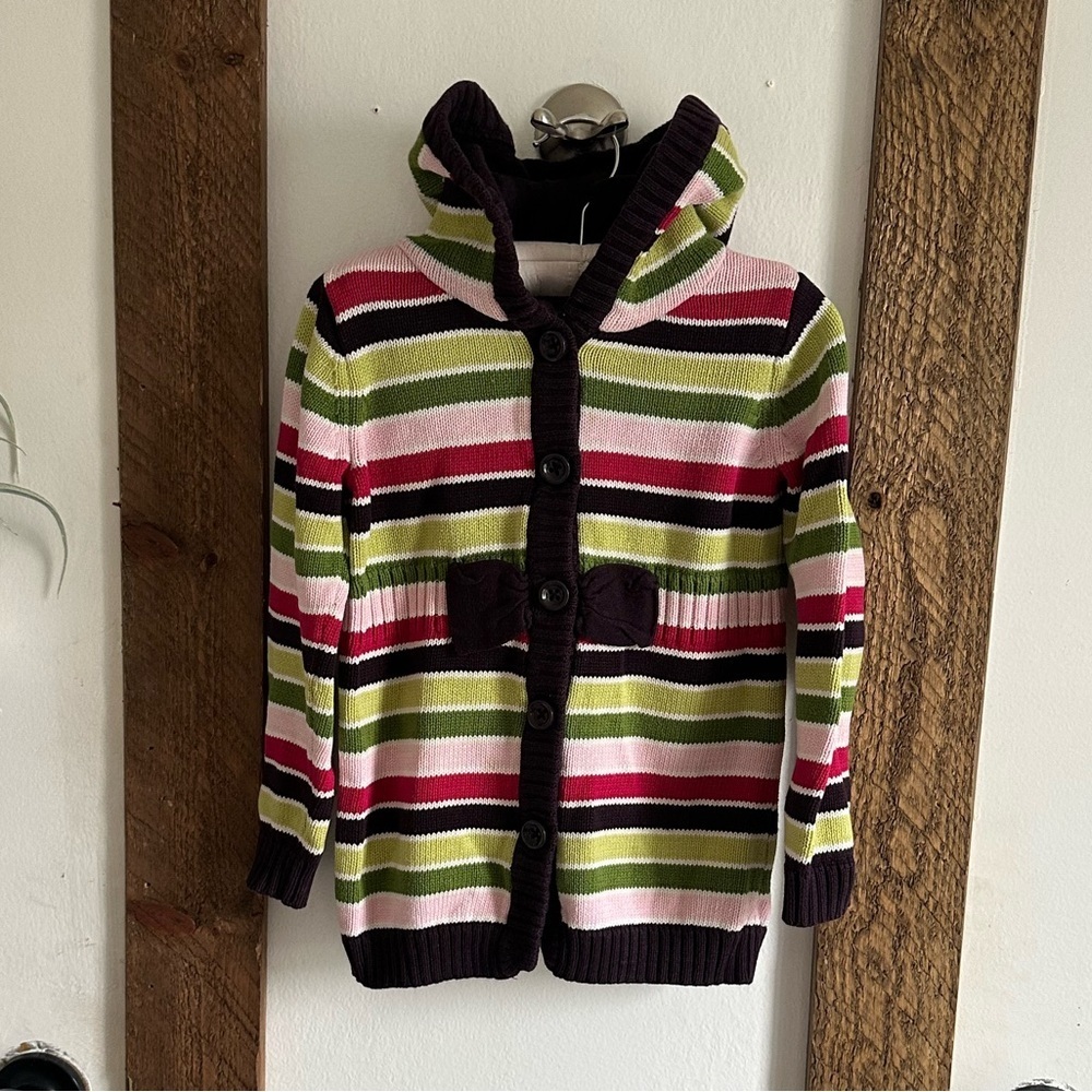 Y2K Gymboree 100% Cotton Knit Hooded Striped Sweater Size xs 3/4 Girl